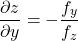 \[\frac{\partial z}{\partial y}=-\frac{f_y}{f_z}\]